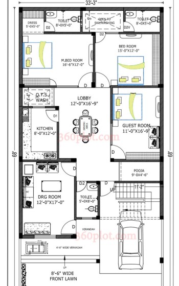 68x33 3 Bedroom 1 Floor House Plan