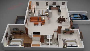 3D floor plan of 2BHK house Sample 63